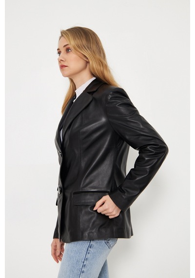 M M Marki Marki Kadın Hakiki Deri Blazer Ceket - Siyah, Düğme Kapamalı, Fit Kesim, 67 Cm - 116722