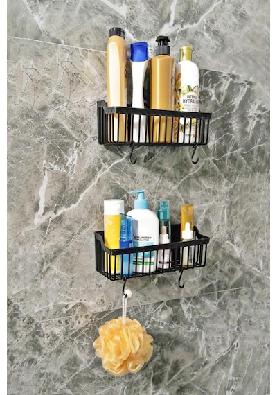 Yapışkanlı Plastik Banyo Rafı İkili Banyo Düzenleyici Duş Rafı Organizer Şampuanlık Siyah