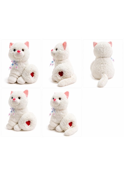 Sevimli Peluş Kedi 35 Cm Yumuşak Oyuncak 40 Cm Kuyruk Dahil Uzunluk, Kalp Detaylı Beyaz
