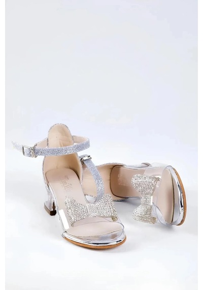Nese Shoes Kız Çocuk Şeffaf Fiyonk Taş Detaylı Topuklu Ayakkabı, Kız Çocuk Abiye Ayakkabı Gümüş