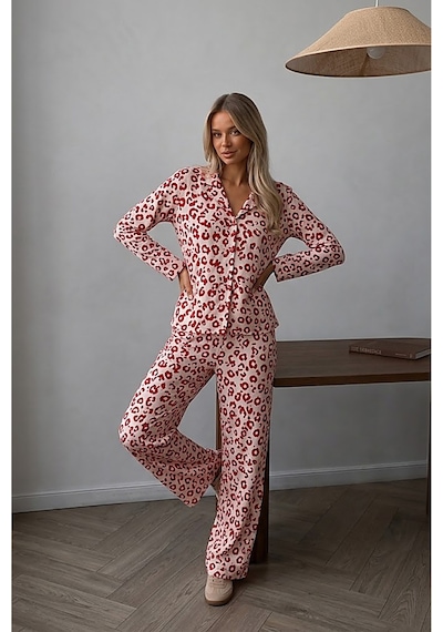 Fit Women Kadın Düğmeli Uzun Uyku Ve Kırmızı Pijama Takımı