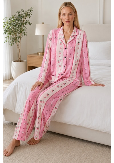 Kadın Desenli Relaxed Pembe Pijama Takımı 4658