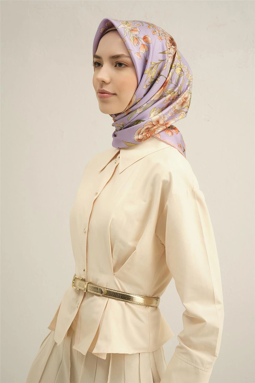 Armine Çiçek Desenli Saf İpek Twill Eşarp 9347d 50 Lila