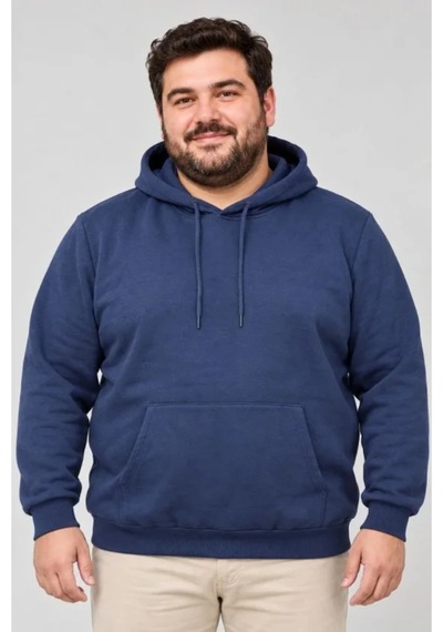 Butik İstanbul Erkek Battal Büyük Beden Üç İplik İçi Şardonlu Kapüşonlu Kanguru Cepli Kışlık Sweatshirt - Lacivert