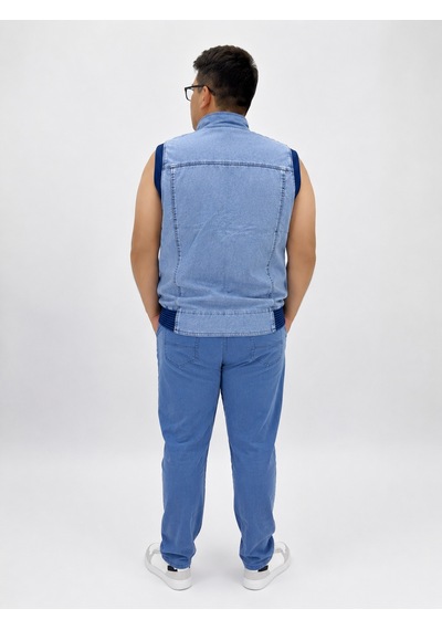Büyük Beden Denim Dik Yaka Fermuarlı Cepli Bomber Erkek Yelek Mavi