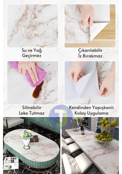 Technojet Kendinden Yapışkanlı Mermer Desen Folyo Mutfak Banyo Tezgah Duvar Kaplama 60cmx100cm Beyaz2