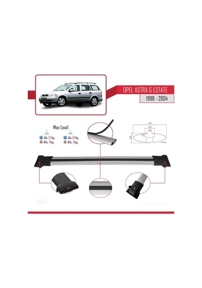 Opel Astra G Sw 1998-2004 Arası İle Uyumlu Fly Model Ara Atkı Tavan Barı Gri 3 Adet Bar