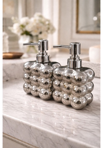 Makri Home 2 Adet Bubble Cam Sıvı Sabunluk, 300 Ml + 300 Ml - Metalik Gri, 9,5x6,5x15 Cm