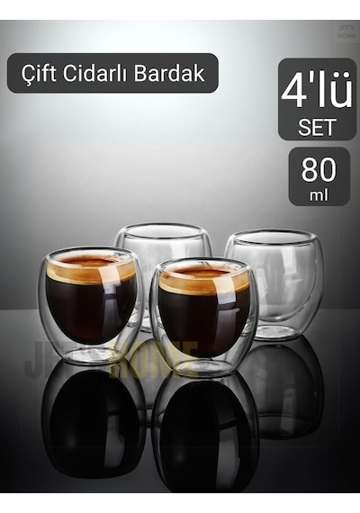 4 Lü Set Espresso Bardağı 80 Ml Kahve Bardağı Çift Cidarlı Bardak Viski Bardağı Şeffaf