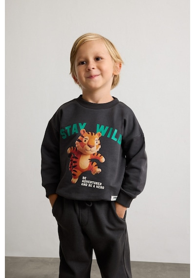 Defacto %100 Pamuk Oversize Kaplan Baskılı Ve Yazılı Uzun Kollu Sweatshirt Erkek Bebek I3806a526wnar202 Antrasit-ar202