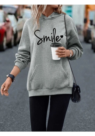 Smile Sweatshirt - Gri Baskılı Oversize Kapüşonlu Gri