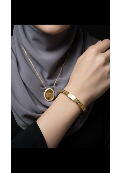 Taşlı Oval Kolye Ve Ayetel Kürsi Bileklik Seti Gold Çelik Takı Altın