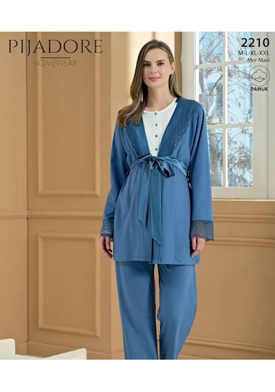 Feyza Pijadore Kadın Sabahlıklı Hamile Lohusa Güpürlü Pijama Takımı 2210 Mavi