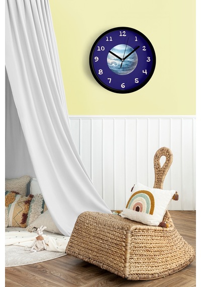 Uzay Ve Gezegen Tasarımlı Modern Duvar Saati - Çocuk Odası Duvar Saati - 25cm - Önü Camlı Siyah Kasa-jh0990 Siyah