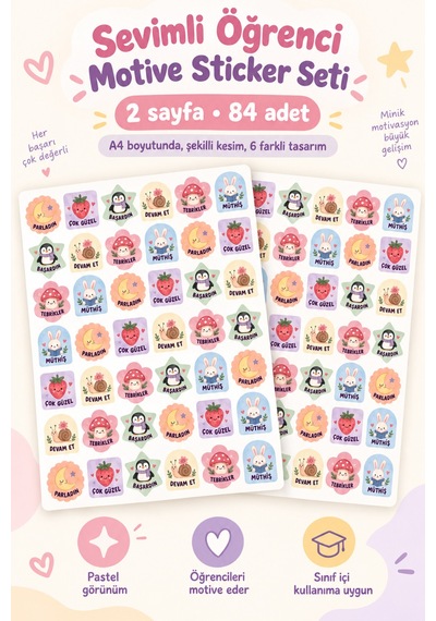 Sevimli Öğrenci Motivasyon Sticker Seti 84 Adet 2 Sayfa Tebrikler, Başardın, Devam Et Ve Ödül Etiketleri Çok Renkli