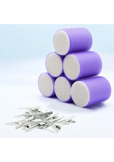 Croc 1203 Mor Cırtlı Sünger Bigudi 6lı Çap 5cm +12li Alüminyum Saç Pensi Mor