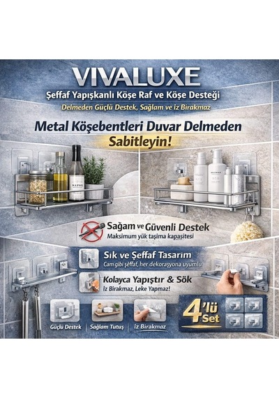 Şeffaf Yapışkanlı Duvar Askısı 2 Adet 4 Lü Set, Delme Gerektirmeyen Güçlü Tutucu Kanca, İz Bıra Diğer
