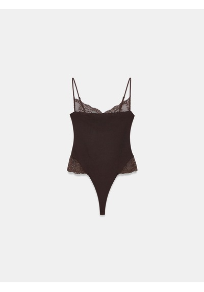 Dilvin 32730 Dantel Detaylı Askılı Bodysuit-koyu Kahve