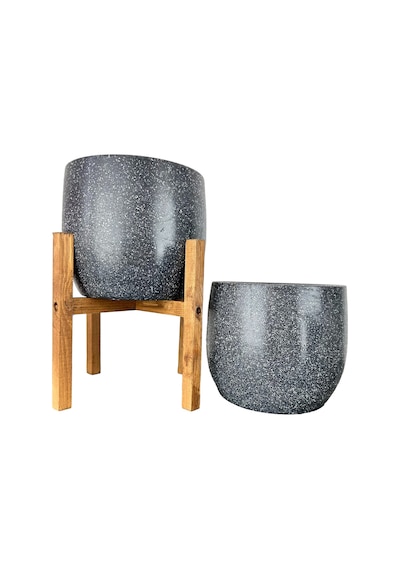Bitki Tasarımı Ev Dekorasyon Aksesuar Gri Granit Toprak Saksı Saksılık Salon Çiçeklik İkili Set Ayaksız - 4 Ayaklı- 19 Cm
