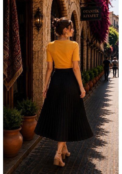 Eren Style %100 Cotton Piliseli Etek 95 Cm - 36-52 Siyah