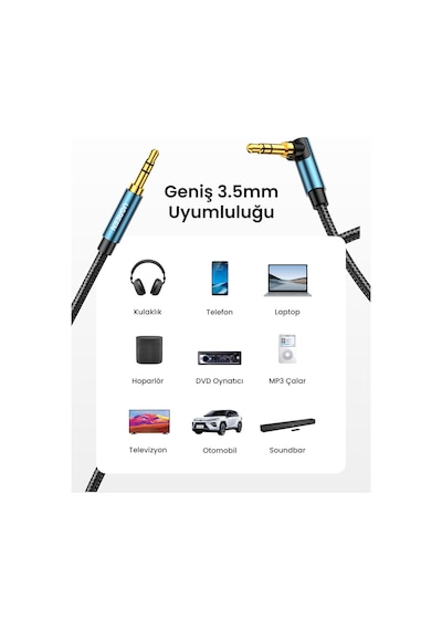 Ugreen 90 Derece L Tipi 3.5 Mm Aux Ses Kablosu, Mavi, 1 Metre, 60179