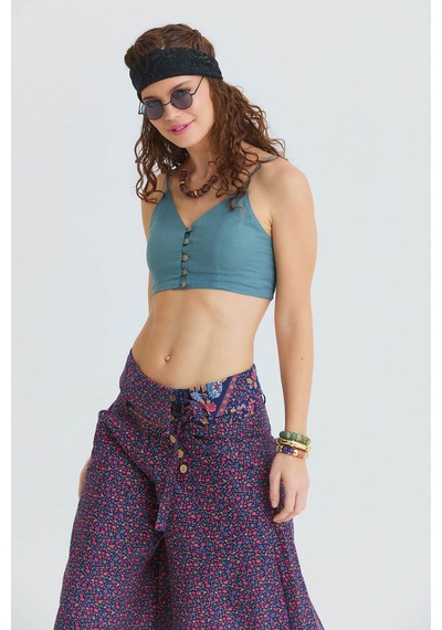 İnce Askılı Düğme Detaylı Crop Bluz Mavi