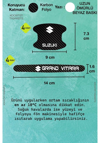 Yeni Nesil Suzuki Grand Vitara Karbon Kapı Kolu Koruma Seti Grand Vitara Modeline Tam Uyumlu, Beyaz Yazılı Tasarım