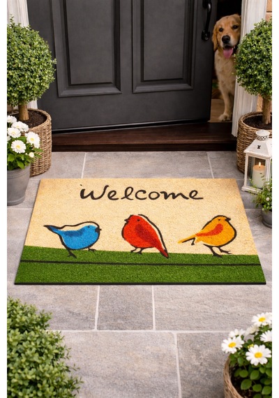Esnature Chirp Birds Renkli Cıvıldıyan Kuşlar Kahverengi Welcome Kapı Önü Paspası 45x70 Cm Çok Renkli