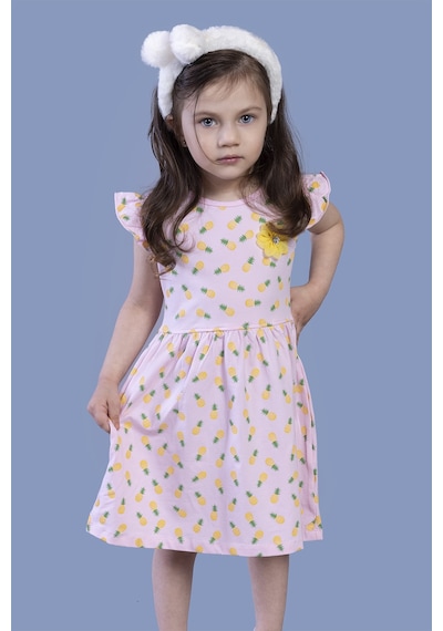 Toontoy Kids Toontoy Kız Çocuk Komple Ananas Baskılı Çiçek Aksesuarlı Elbise Açık Pembe