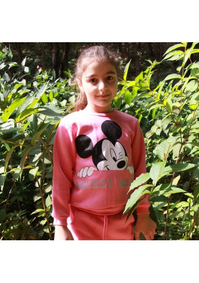 Milenawear by Milena Mickey Baskılı Bisiklet Yaka Kalın Kız Çocuk Alt Üst Takım Pembe