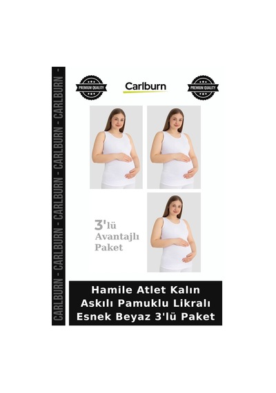 Carlburn Özel Üretim Hamile Atlet Kalın Askılı Pamuklu Likralı Esnek Beyaz 3'lü Paket Uyumlu Tasarım Beyaz-3