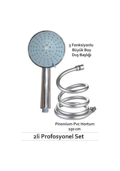 5 Fonksiyonlu Büyük Boy Duş Başlığı & Pvc Süper Sağlam 150 Cm Hor Beyaz