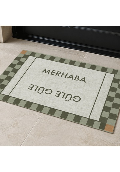 Kartela Halı Merhaba Güle Güle Damalı Kapı Paspası Adaçayı Yeşili Kaymaz Kauçuk Taban 50x75 Cm
