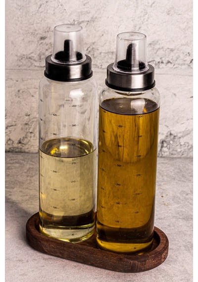 Bella Borosilikat Cam Damlatmaz Yağdanlık Ahşap Standlı Yağlık - Sirkelik Seti 500 ml - 3 Parça