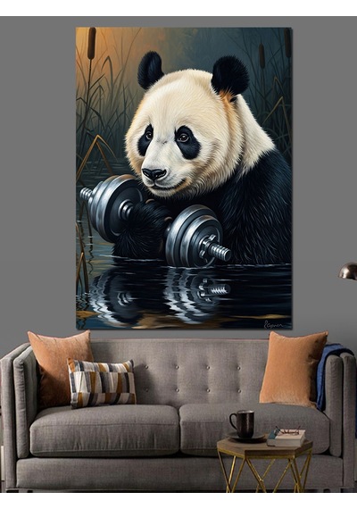 Ahşap Tablo Ağırlık Kaldıran Güçlü Panda Figürü