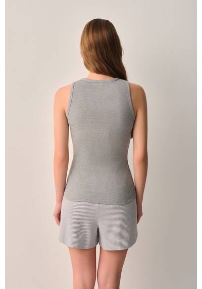 Suwen Cool Atlet Şort Pijama Takımı Sh26555667s1304 Gri Çizgi Desenli