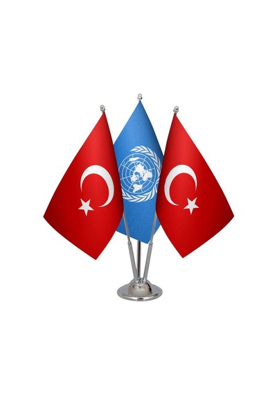 Masa Üstü Birleşmiş Milletler Bayrağı Türk Bayrağı Üçlü Krom Dire