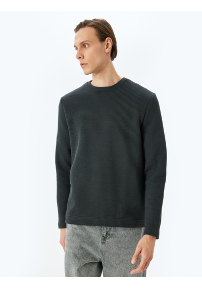 Koton Uzun Kollu Pamuk Karışımlı Dokulu Basic Bisiklet Yaka Sweatshirt Antrasit 5wam70257mk Antrasit