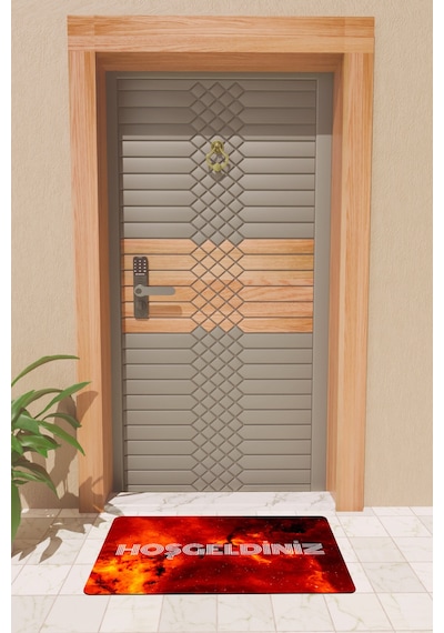 Rugmood Modern Dijtal Baskı Alevli Hoşgeldiniz Kapı Önü Paspası Kırmızı