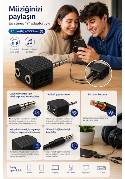 Philips Swa2551w/10 3.5mm Stereo Kulaklık Çoklayıcı Y Splitter Adaptör 1 Erkek 2 Dişi