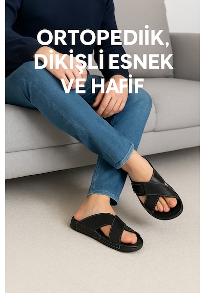 Birrbazaar Erkek Ortopedik Taban Ayarlanabilen Cırtlı Dikişli Şık İçeri Dışarı Deri Suni Terlik Siyah Birrbazaar Erkek Ortopedik Taban Ayarlanabilen Cırtlı Dikişli Şık İçeri Dışarı Deri Suni Terlik Siyah