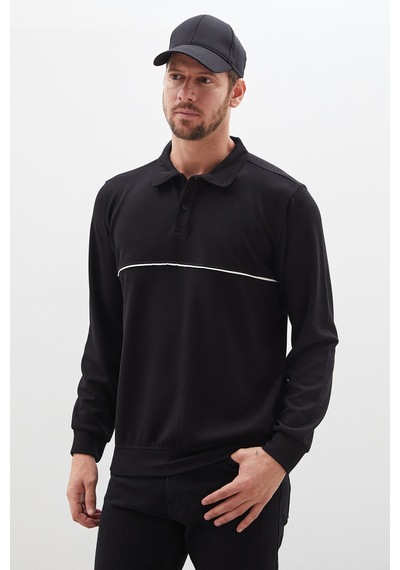 Fullamoda Çizgili Polo Yaka Yarım Düğmeli Sweatshirt Siyah
