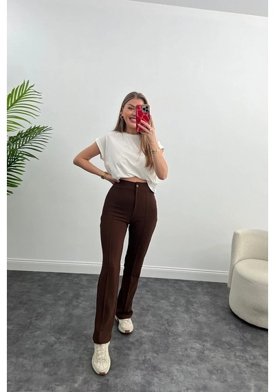Winmoda34 Yüksek Bel Çimalı Palazzo Kumaş Pantolon Nevrulu kahve