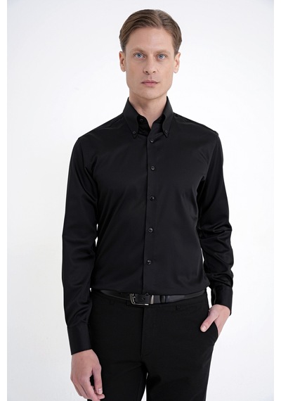 Slim Fit Düğmeli Yüksek Yaka %100 Pamuk Saten Düz Siyah Gömlek Gk 760