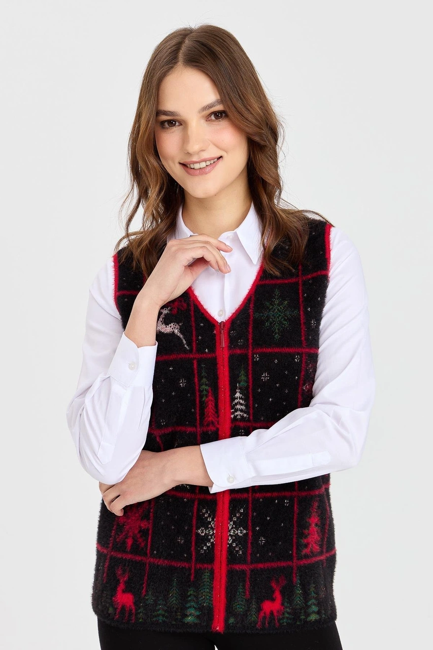 Desen Triko Kadın V Yaka Patchwork Yılbaşı Desenli Yelek Siyah Siyah