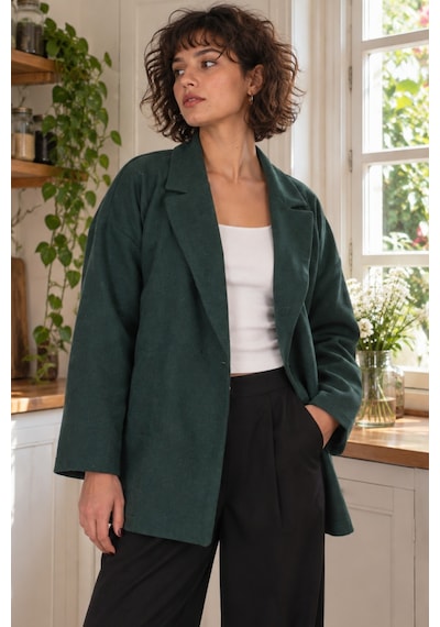 Armonika Kadın Koyu Yeşil Erkek Yaka Yanları Yırtmaçlı Oversize Ceket Arm-26k001009