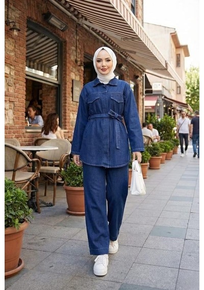 Hb Harma Time Butik Kadın Cep Detaylı, Düğmeli Ve Kuşaklı Lacivert İkili Takım