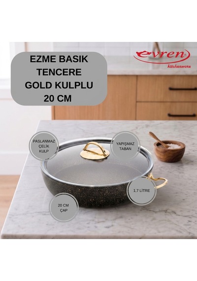 20 Cm Goldstone Ezme Seri Granit Basık Tencere, Non-stick Pilav Karnıyarık Tenceresi 1,7 Lt Çelik Kulp