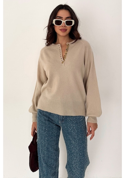 Noa & Noa Kadın Düğmeli Triko Kazak Red Stitch Bej