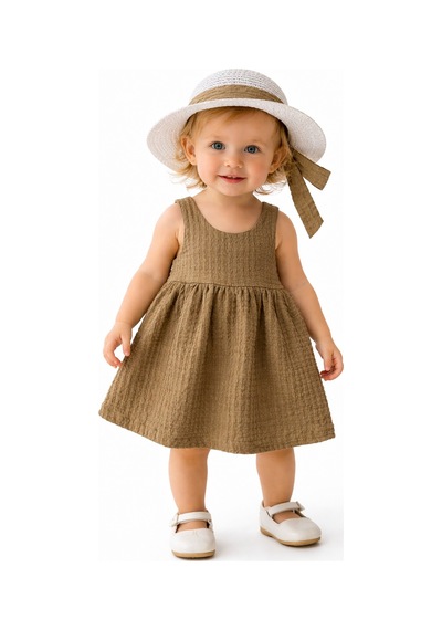 Chicsy Baby Tatlı Kız Bebek Tarz Elbise Şapkalı Fiyonk Detaylı Yazlık 2 Li Kombin Haki